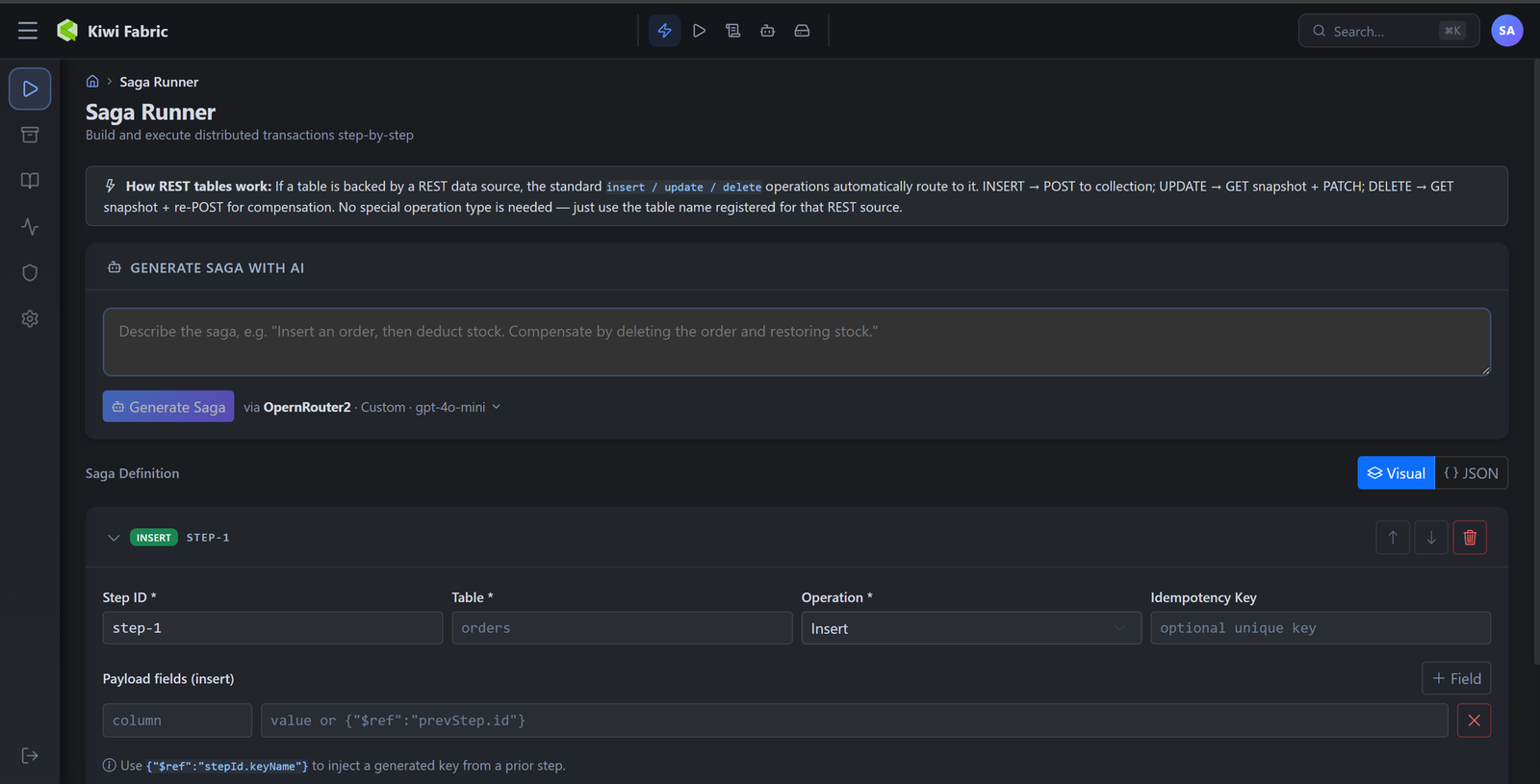 Kiwi Fabric Saga Runner - distributed write orchestration with automatic compensation